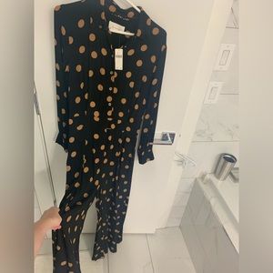 Button-down collared jumpsuit (black with gold polka dots)